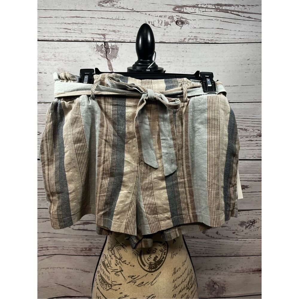 Purple Snow Womens Striped High Waist Cotton Shorts Tie Belt RSA4702 Beige M